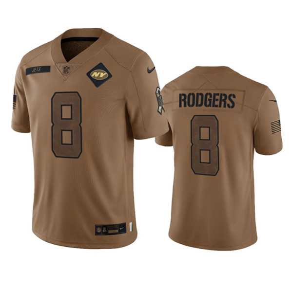 Mens New York Jets #8 Aaron Rodgers 2023 Brown Salute To Service Limited Football Stitched Jersey Dyin